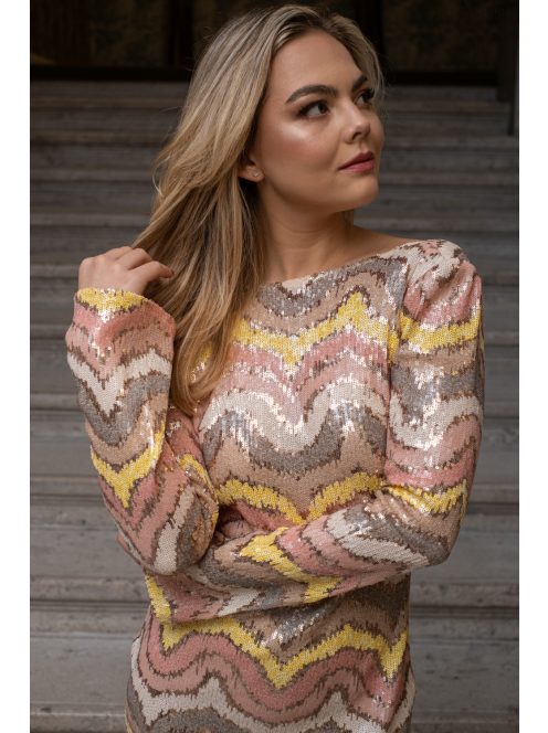 Stefin - farebné, flitrové mini šaty s dlhým rukávom a hlbokým V výstrihom na chrbte