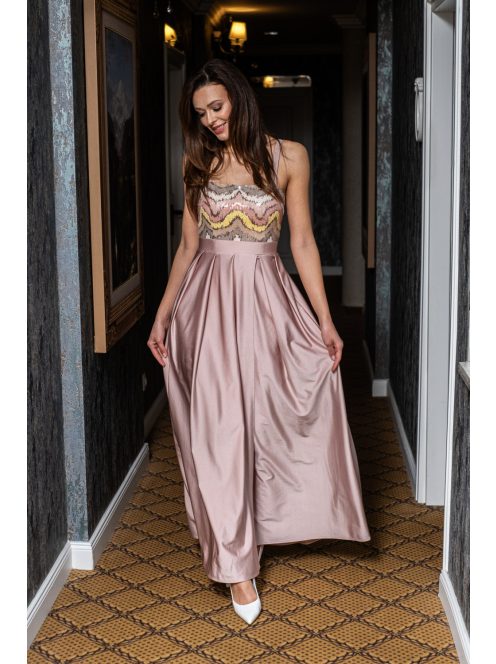 Gladys - farebné, maxi šaty s flitrovým topom a elastickou púdrovou sukňou