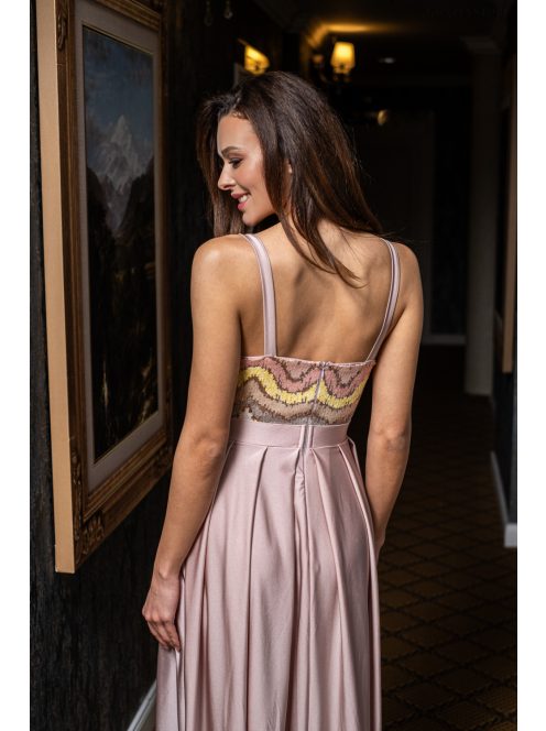 Gladys - farebné, maxi šaty s flitrovým topom a elastickou púdrovou sukňou