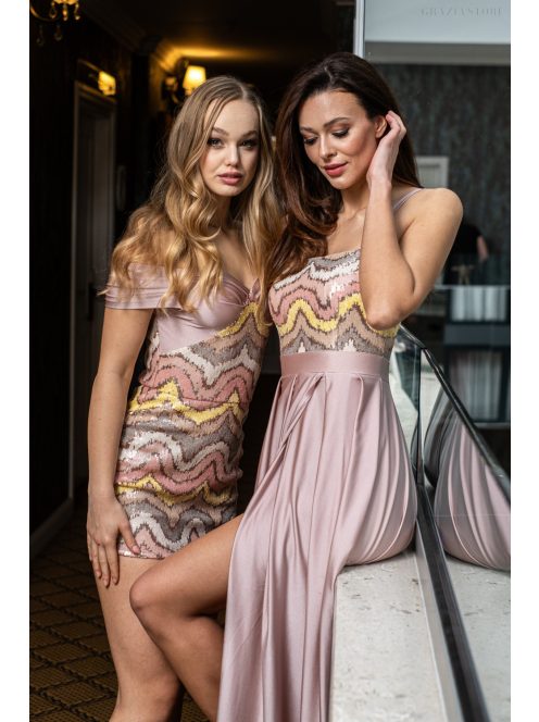 Gladys - farebné, maxi šaty s flitrovým topom a elastickou púdrovou sukňou