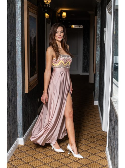 Gladys - farebné, maxi šaty s flitrovým topom a elastickou púdrovou sukňou