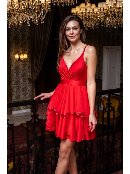 Abigél - červené mini šaty z elastického materiálu,  s preloženým dekoltom a tylovou sukňou
