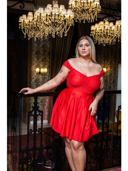Inez - červené mini šaty s trblietavým tylom,  nariaseným topom a romantickými rukávmi