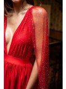 Scarlett - špeciálne mini šaty s prekríženou látkou na chrbte, v červenej farbe, z elastického materiálu, so štrasovým tylom