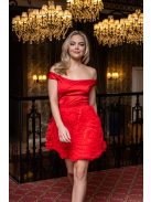 Frida - saténové mini šaty s padavými ramenami a tylovou aplikáciou na sukni, v červenej farbe