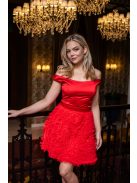Frida - saténové mini šaty s padavými ramenami a tylovou aplikáciou na sukni, v červenej farbe