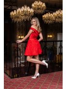 Frida - saténové mini šaty s padavými ramenami a tylovou aplikáciou na sukni, v červenej farbe