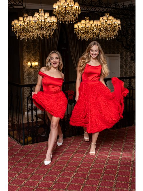 Frida - saténové midi šaty s padavými ramenami a tylovou aplikáciou na sukni, v červenej farbe