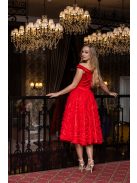 Frida - saténové midi šaty s padavými ramenami a tylovou aplikáciou na sukni, v červenej farbe