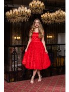 Frida - saténové midi šaty s padavými ramenami a tylovou aplikáciou na sukni, v červenej farbe