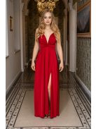 Zelma - light saténové maxi šaty so špagetovými ramienkami, s hlbokým výstrihom a sukňou do A, vo višňovo-červenej farbe