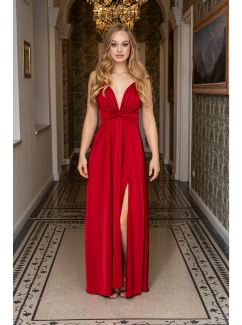 Zelma - light saténové maxi šaty so špagetovými ramienkami, s hlbokým výstrihom a sukňou do A, vo višňovo-červenej farbe