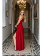 Zelma - light saténové maxi šaty so špagetovými ramienkami, s hlbokým výstrihom a sukňou do A, vo višňovo-červenej farbe