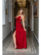 Zelma - light saténové maxi šaty so špagetovými ramienkami, s hlbokým výstrihom a sukňou do A, vo višňovo-červenej farbe