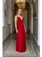 Zelma - light saténové maxi šaty so špagetovými ramienkami, s hlbokým výstrihom a sukňou do A, vo višňovo-červenej farbe