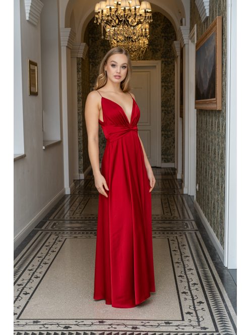 Zelma - light saténové maxi šaty so špagetovými ramienkami, s hlbokým výstrihom a sukňou do A, vo višňovo-červenej farbe