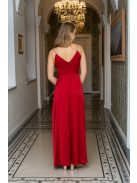 Zelma - light saténové maxi šaty so špagetovými ramienkami, s hlbokým výstrihom a sukňou do A, vo višňovo-červenej farbe