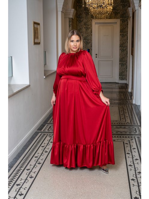 Clarissa - maxi šaty s dlhým rukávom a volánovým spodkom, z light saténového materiálu vo višňovo-červenej farbe