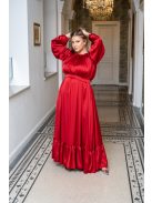 Clarissa - maxi šaty s dlhým rukávom a volánovým spodkom, z light saténového materiálu vo višňovo-červenej farbe