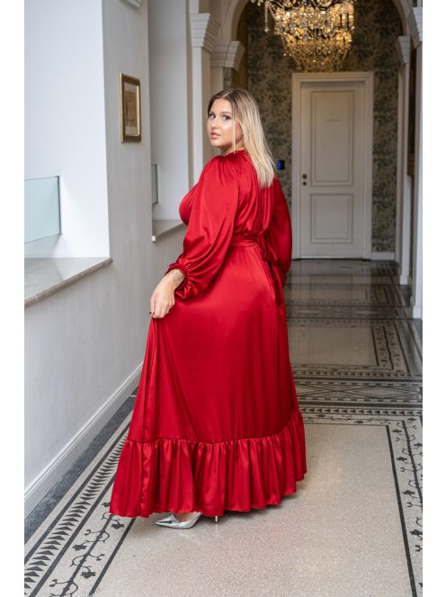 Clarissa - maxi šaty s dlhým rukávom a volánovým spodkom, z light saténového materiálu vo višňovo-červenej farbe