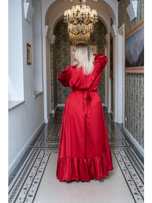Clarissa - maxi šaty s dlhým rukávom a volánovým spodkom, z light saténového materiálu vo višňovo-červenej farbe