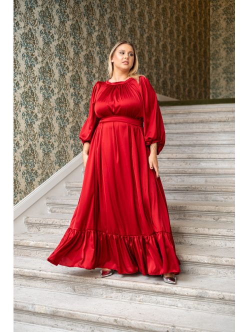 Clarissa - maxi šaty s dlhým rukávom a volánovým spodkom, z light saténového materiálu vo višňovo-červenej farbe