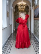 Clarissa - maxi šaty s dlhým rukávom a volánovým spodkom, z light saténového materiálu vo višňovo-červenej farbe