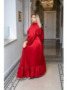 Clarissa - maxi šaty s dlhým rukávom a volánovým spodkom, z light saténového materiálu vo višňovo-červenej farbe