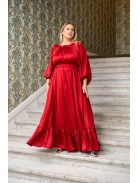 Clarissa - maxi šaty s dlhým rukávom a volánovým spodkom, z light saténového materiálu vo višňovo-červenej farbe