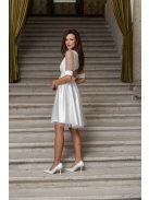 Andrea - biele mini šaty s pufovanými rukávmi a špeciálnym strihom na chrbte, zo saténového materiálu s kamienkovým tylom