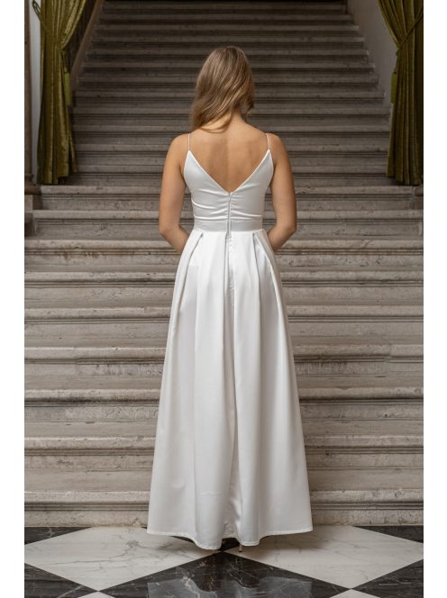 Zenina - saténové maxi šaty s výstrihom do V a špagetovými ramienkami, v bielej farbe