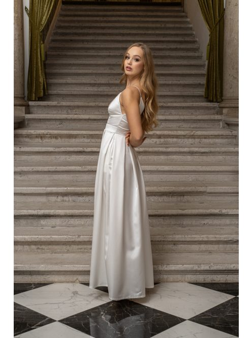 Zenina - saténové maxi šaty s výstrihom do V a špagetovými ramienkami, v bielej farbe