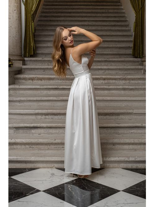 Zenina - saténové maxi šaty s výstrihom do V a špagetovými ramienkami, v bielej farbe