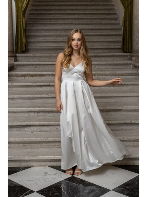 Zenina - saténové maxi šaty s výstrihom do V a špagetovými ramienkami, v bielej farbe