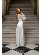 Nicole - asymetrické, saténové maxi šaty s čipkovaným rukávom, v bielej farbe