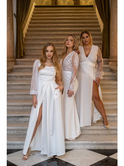 Nicole - asymetrické, saténové maxi šaty s čipkovaným rukávom, v bielej farbe