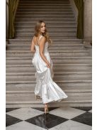 Evelin - saténové maxi šaty s volánovým lemom a  hrubými ramienkami, v bielej farbe