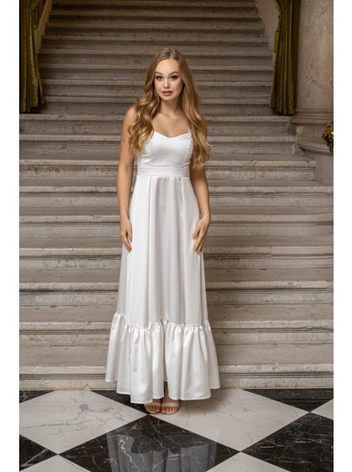 Evelin - saténové maxi šaty s volánovým lemom a  hrubými ramienkami, v bielej farbe