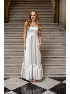   Evelin - saténové maxi šaty s volánovým lemom a  hrubými ramienkami, v bielej farbe