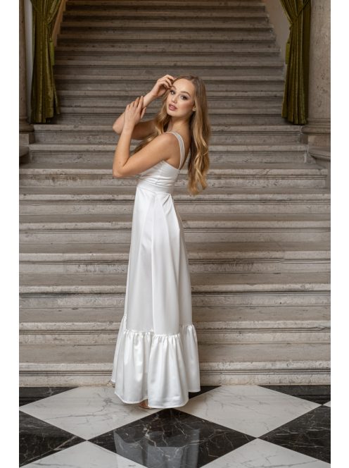 Evelin - saténové maxi šaty s volánovým lemom a  hrubými ramienkami, v bielej farbe