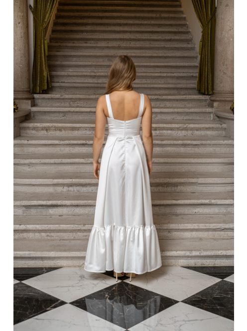 Evelin - saténové maxi šaty s volánovým lemom a  hrubými ramienkami, v bielej farbe