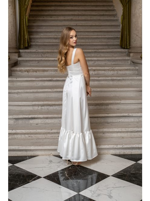 Evelin - saténové maxi šaty s volánovým lemom a  hrubými ramienkami, v bielej farbe