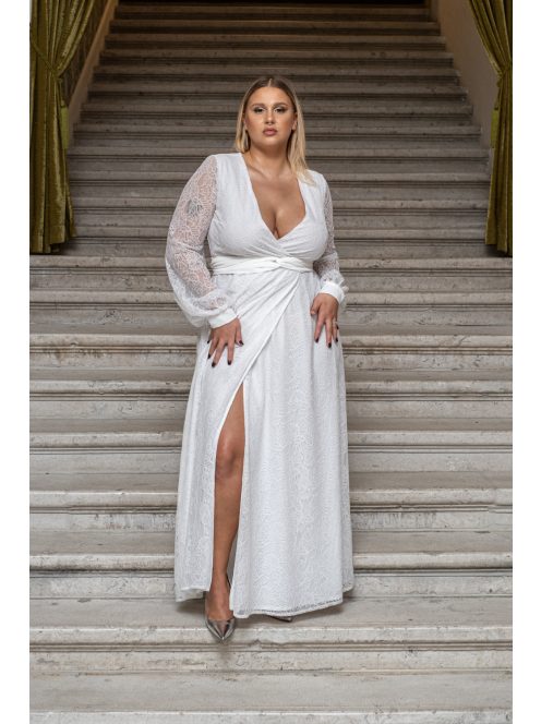 Daisy - zavinovacie, mušelínové maxi šaty s dlhým rukávom a čipkou, v bielej farbe