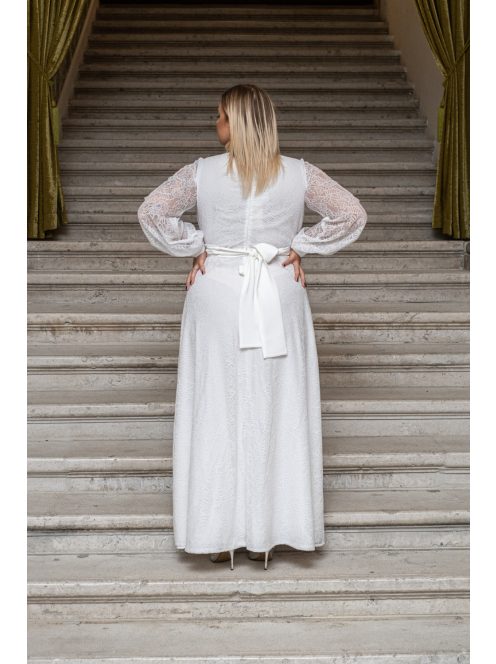 Daisy - zavinovacie, mušelínové maxi šaty s dlhým rukávom a čipkou, v bielej farbe