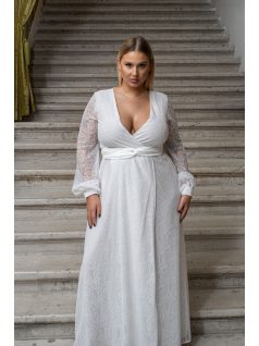   Daisy - zavinovacie, mušelínové maxi šaty s dlhým rukávom a čipkou, v bielej farbe