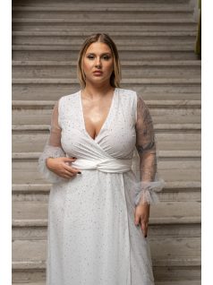   Daisy - zavinovacie, mušelínové maxi šaty s dlhým rukávom a trblietavým tylom, v bielej farbe