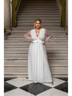   Daisy - zavinovacie, mušelínové maxi šaty s dlhým rukávom a trblietavým tylom, v bielej farbe