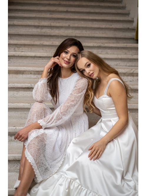 Csinszka - čipkované midi šaty s dlhým rukávom, v bielej farbe