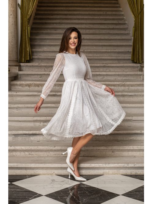 Csinszka - čipkované midi šaty s dlhým rukávom, v bielej farbe