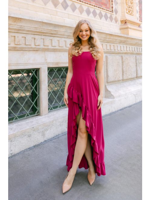 Bianka– sötétmályva muszlin alkalmi ruha aszimmetrikus fodros szoknyával